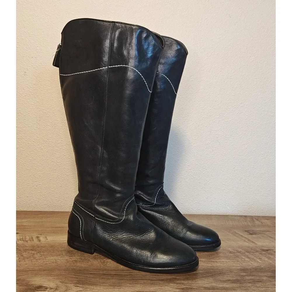 Boden Knee High Boots Womens 41 Navy Blue Leather Contrast Stitch Western AZ192